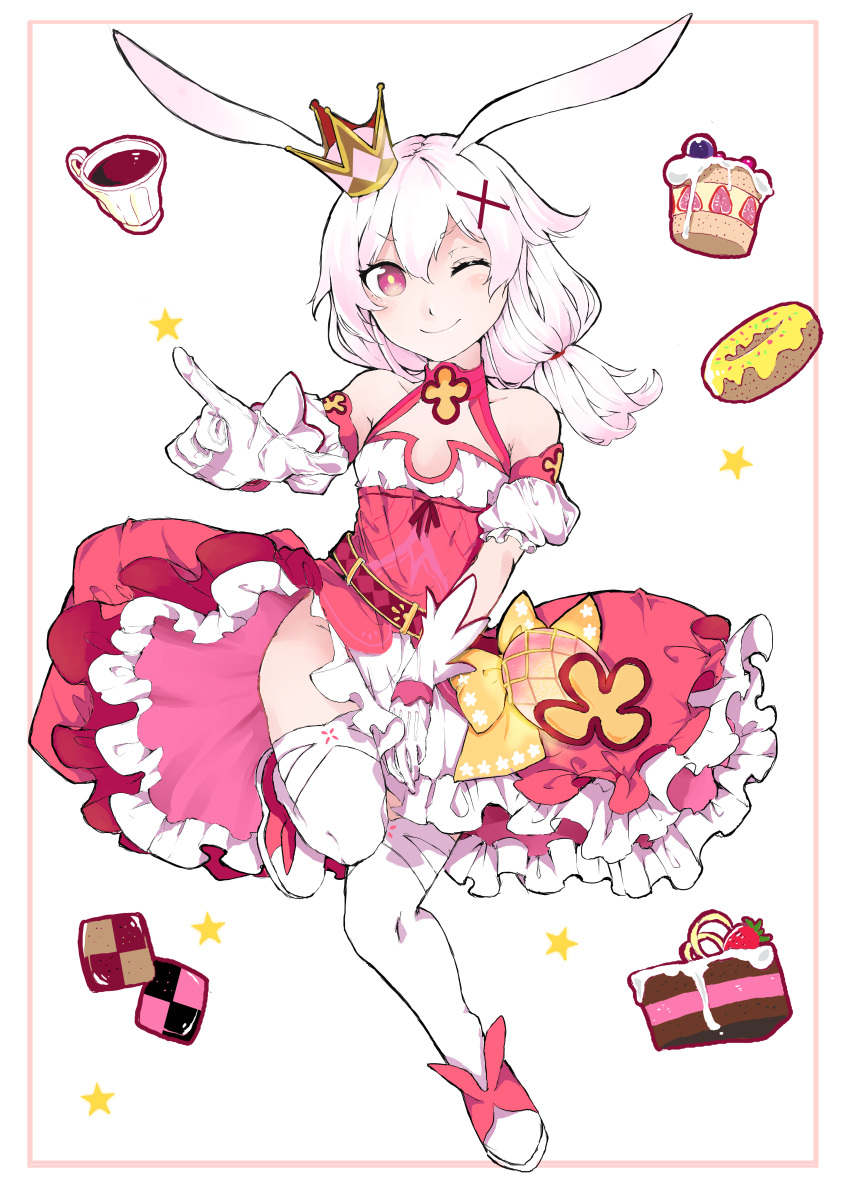 1girl, absurdres, animal_ears, bangs, bare_shoulders, border, cake, cake_slice