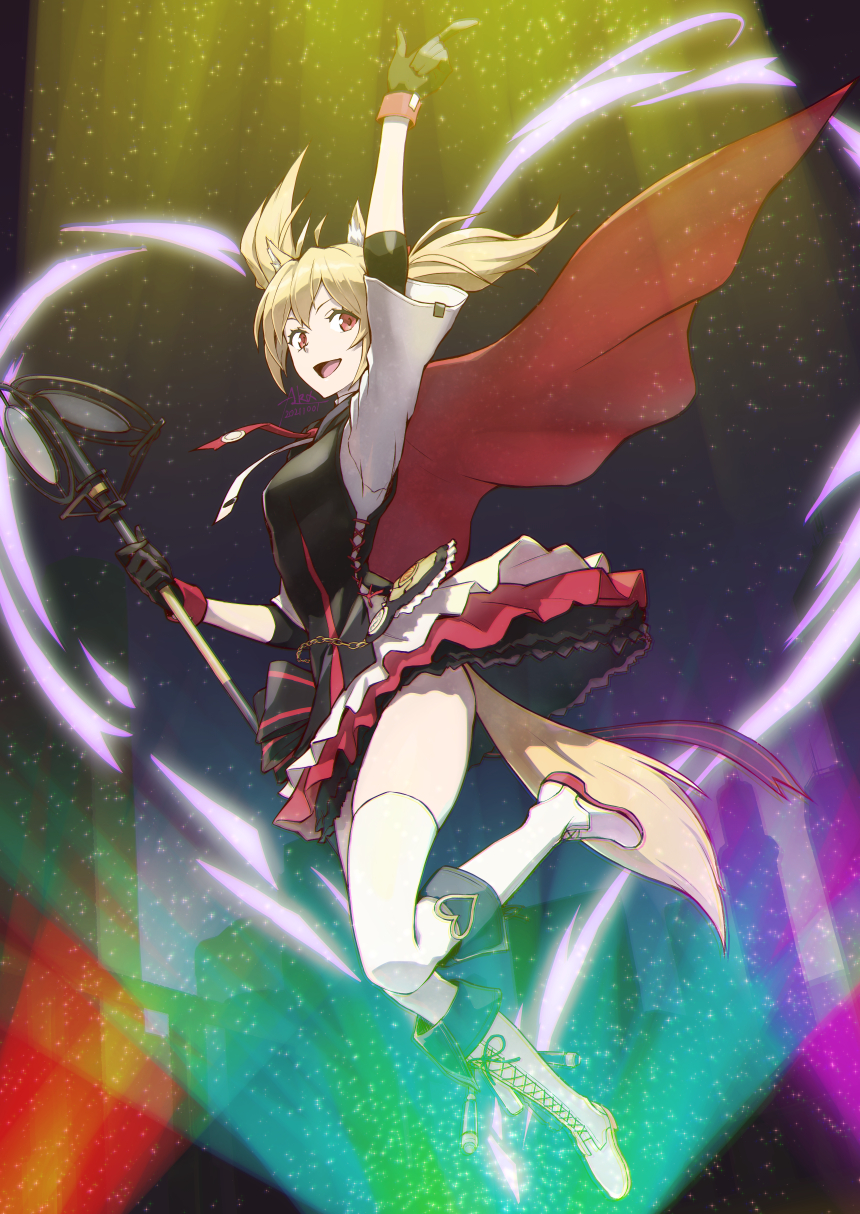 1girl, akashingo_(rotampel), animal_ear_fluff, arknights, arm_up, bangs, black_gloves, blonde_hair