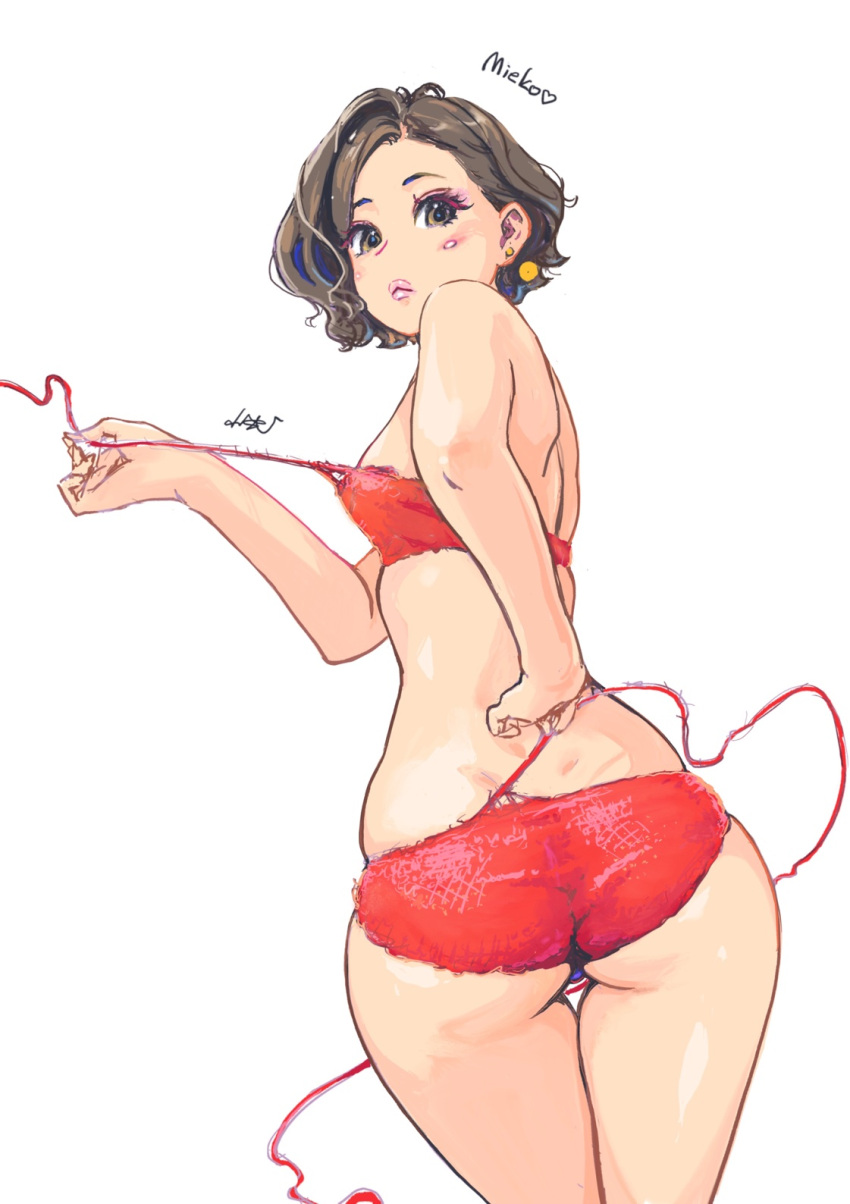 1girl, ass, bra, breasts, brown_eyes, brown_hair, carina_(xiaowoo), character_name
