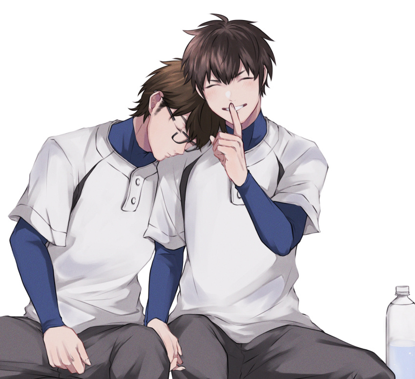 2boys, absurdres, ace_of_diamond, aiaipoponta0605, bangs, baseball_jersey, baseball_uniform, bottle