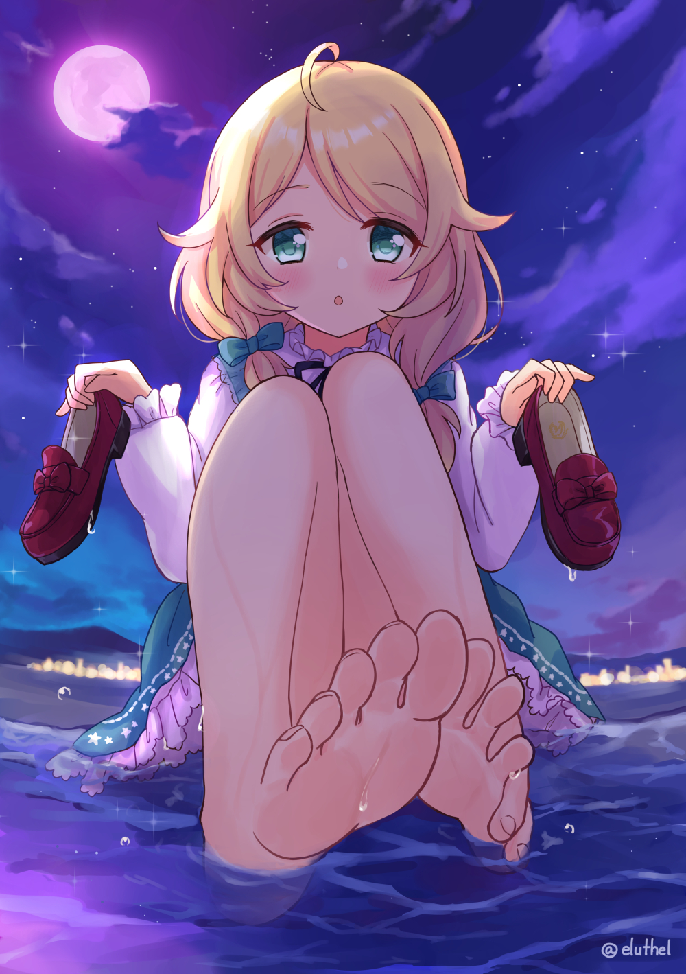 1girl, ahoge, bare_legs, barefoot, beach, black_neckwear, black_ribbon, blonde_hair
