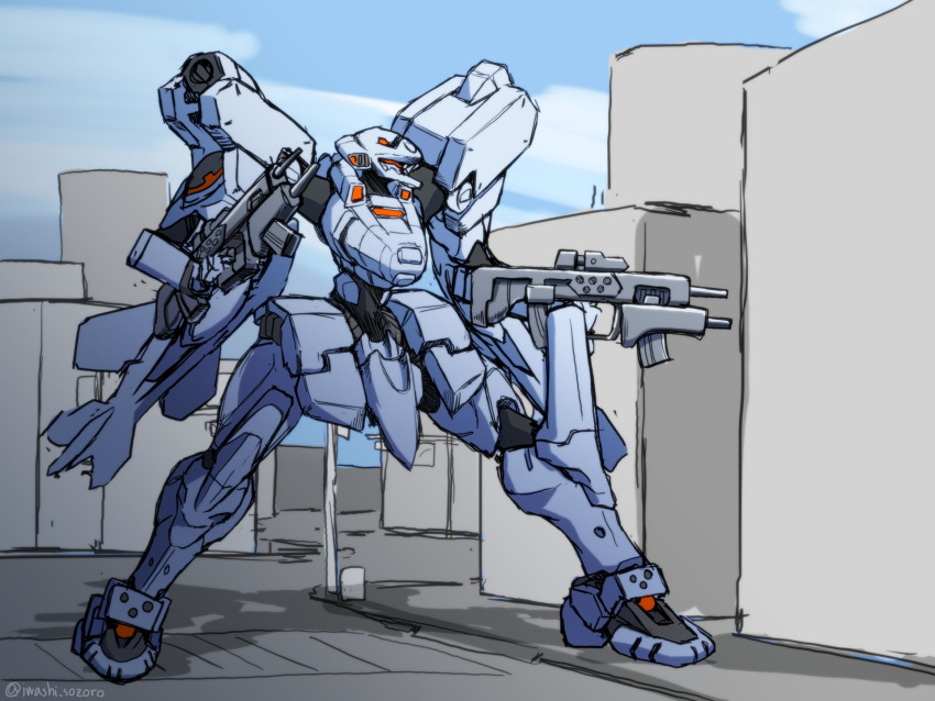 artist_name, dual_wielding, f-15e_strike_eagle, gun, highres, holding, holding_gun, holding_weapon, iwashi_sozoro, looking_to_the_side, mecha, muvluv, muvluv_alternative, no_humans, science_fiction, sky, solo, standing, tactical_surface_fighter, twitter_username, visor, weapon