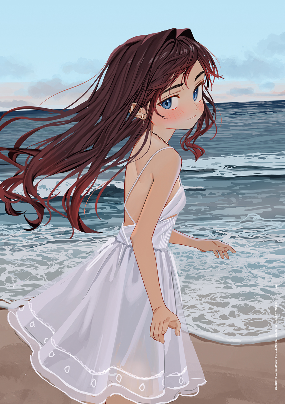 1girl, bare_arms, bare_shoulders, beach, blue_eyes, blue_sky, blush, breasts