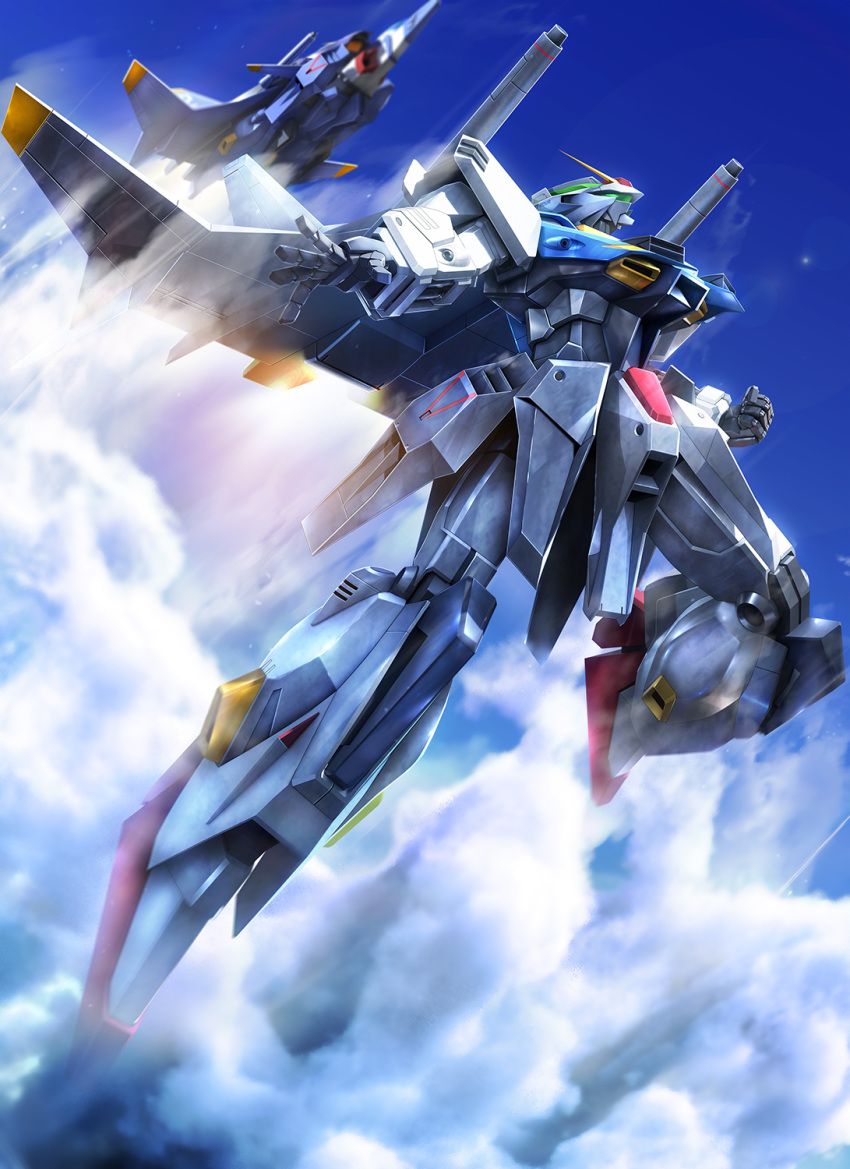 clenched_hand, gundam, gundam_gt-four, gundam_ms_generation, highres, mecha, mobile_suit, no_humans, open_hand, science_fiction, shoulder_cannon, solo_focus, v-fin, visor, zb
