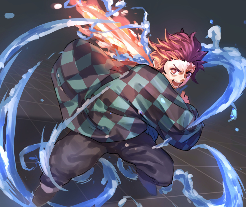 1boy, brown_hair, checkered, checkered_haori, earrings, full_body, hanafuda, haori
