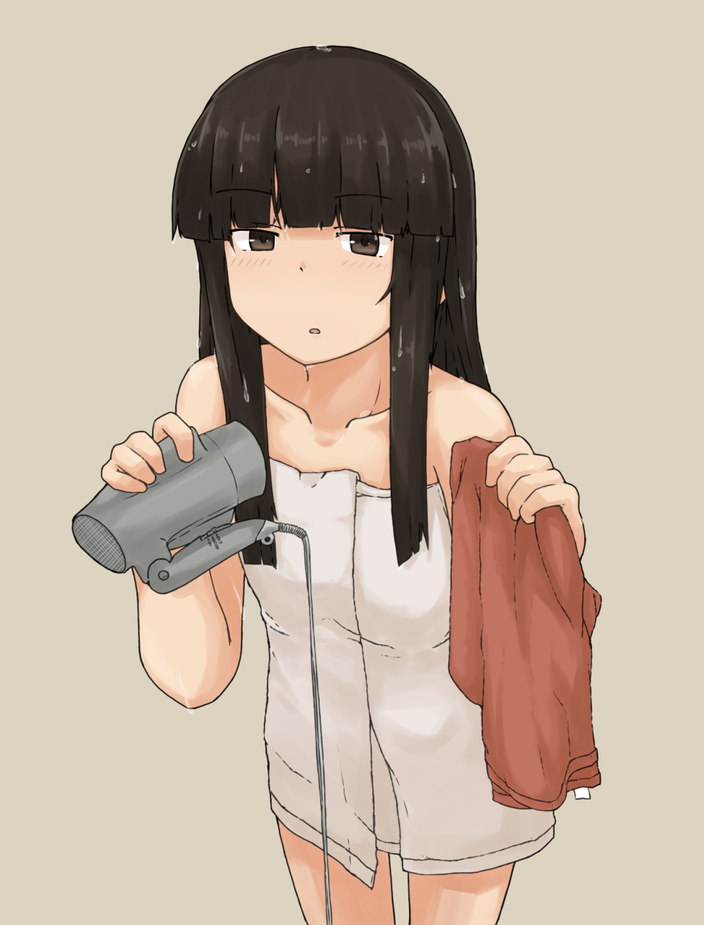 1girl, bangs, black_hair, blunt_bangs, brown_eyes, chagamaka, commentary_request, cowboy_shot