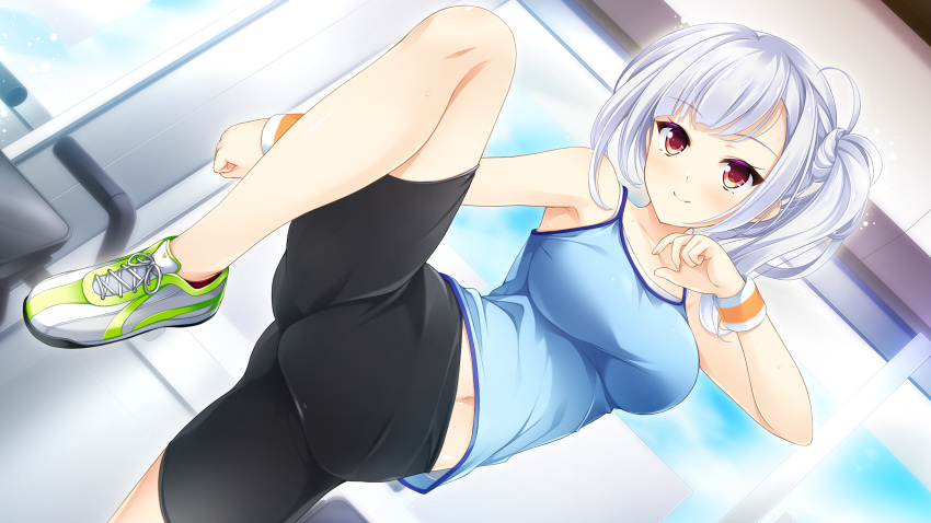 1girl, bike_shorts, black_shorts, blue_shirt, breasts, closed_mouth, collarbone, eyebrows_visible_through_hair
