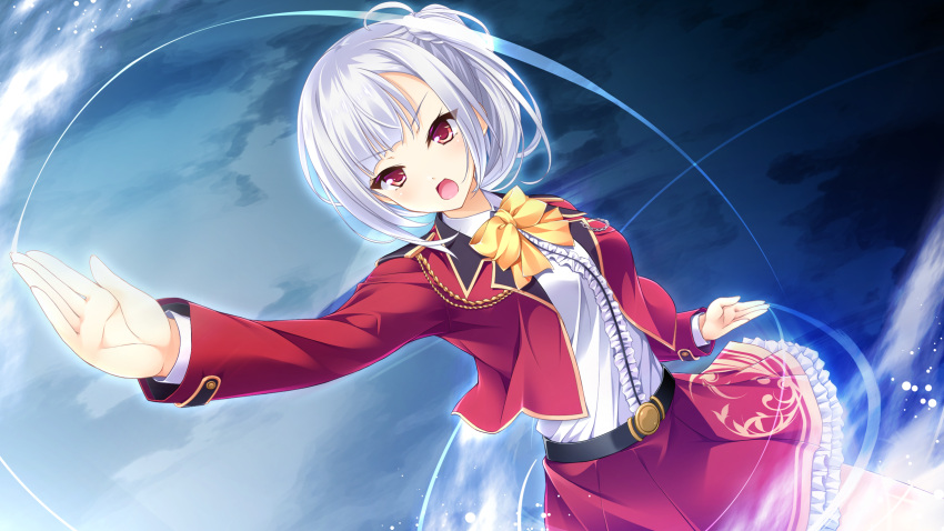 1girl, belt, black_belt, dress_shirt, game_cg, highres, jacket, layered_skirt