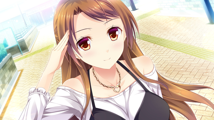 1girl, bangs, brown_eyes, brown_hair, closed_mouth, collarbone, day, floating_hair