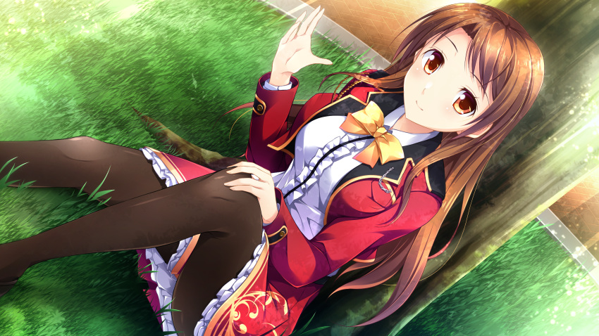 1girl, against_tree, black_legwear, brown_eyes, brown_hair, closed_mouth, dress_shirt, dutch_angle