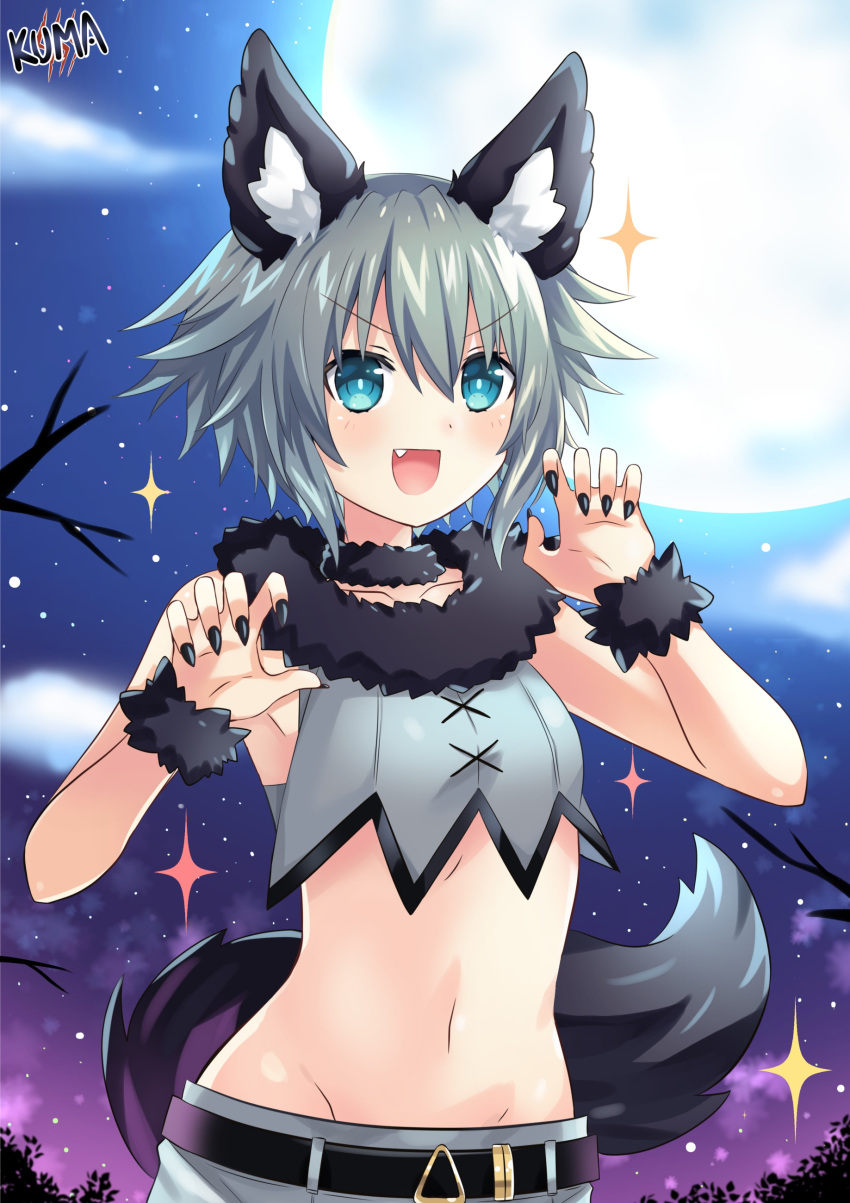 1girl, absurdres, animal_ears, belt, blue_eyes, date_a_live, fang, fox_ears
