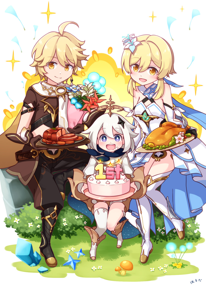 1boy, 2girls, :d, aether_(genshin_impact), ahoge, bangs, bare_shoulders, black_footwear