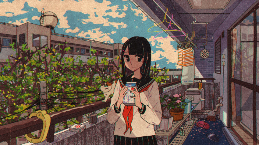 1girl, apartment, awakumo, balcony, bangs, black_eyes, black_hair, black_sailor_collar, black_skirt, blunt_bangs, brick_wall, broom, building, calico, can, carton, cat, cigarette_pack, closed_mouth, clothes_hanger, clouds, commentary, crocs, day, english_commentary, film_grain, hair_ornament, hairclip, hands_up, highres, holding, holding_carton, long_sleeves, looking_at_viewer, lucky_strike, medium_hair, milk, milk_carton, mixed-language_commentary, neckerchief, original, outdoors, pleated_skirt, power_lines, railing, red_neckwear, sailor_collar, school_uniform, serafuku, shirt, skirt, sliding_doors, solo, tree, utility_pole, water_tank, watering_can, white_cat, white_serafuku, white_shirt