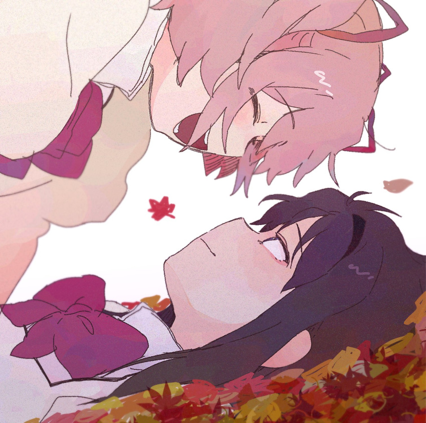 2girls, 89_(_26_mmm_), akemi_homura, black_hair, blush, closed_eyes, eyebrows_visible_through_hair, eyes_visible_through_hair