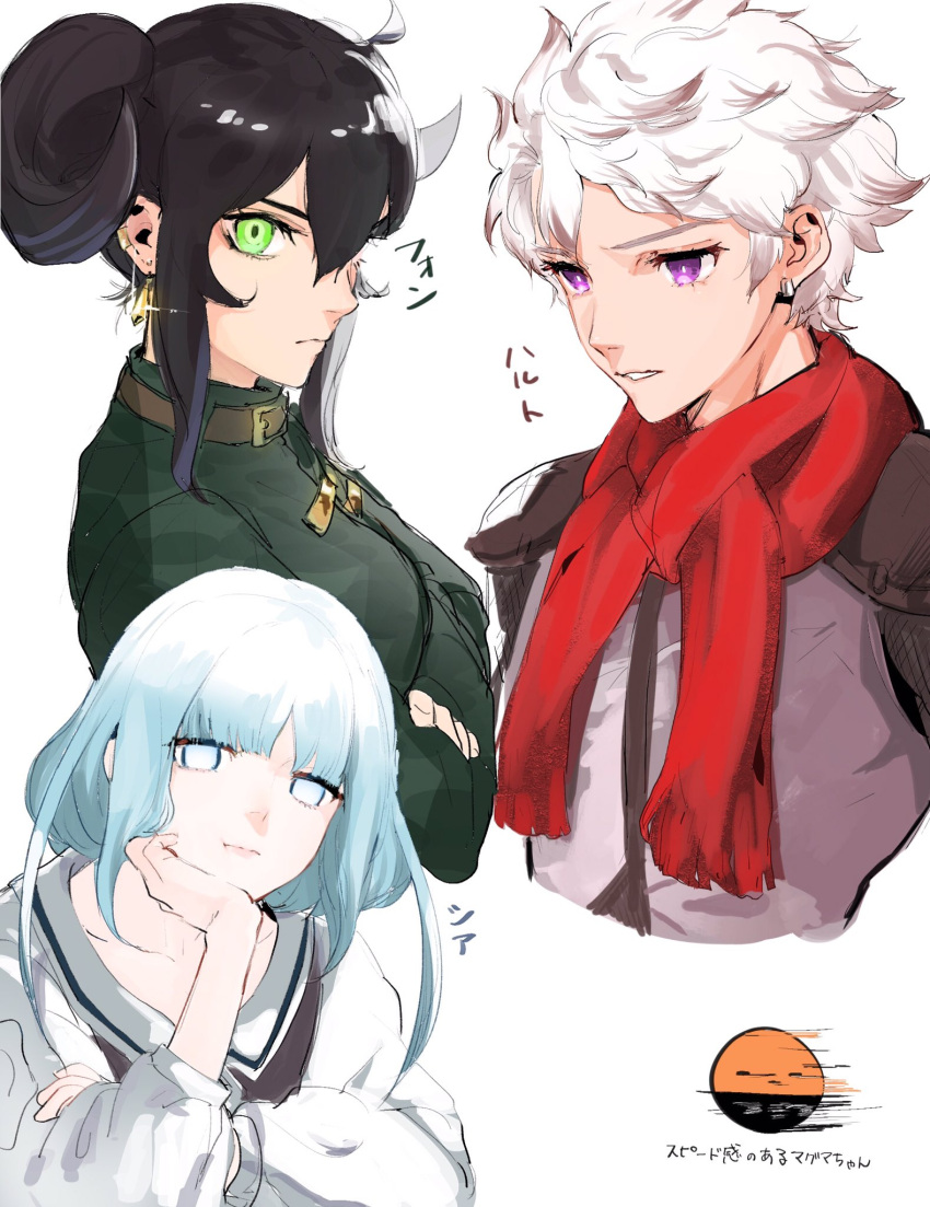 1boy, 2girls, arc_the_lad, black_hair, blue_eyes, blue_hair, closed_mouth, earrings, green_eyes, halt_(arc_the_lad), highres, jewelry, long_hair, looking_at_viewer, multiple_girls, simple_background, violet_eyes, white_background, white_hair, yurumagma