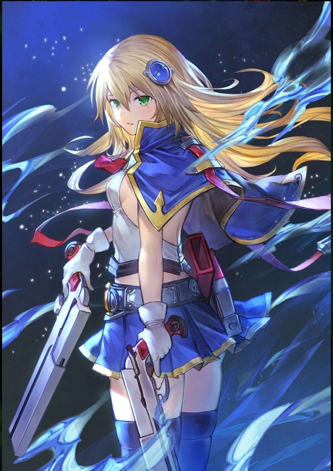 1girl, black_legwear, blazblue, blazblue:_chronophantasma, blonde_hair, blue_skirt, bolverk, breasts