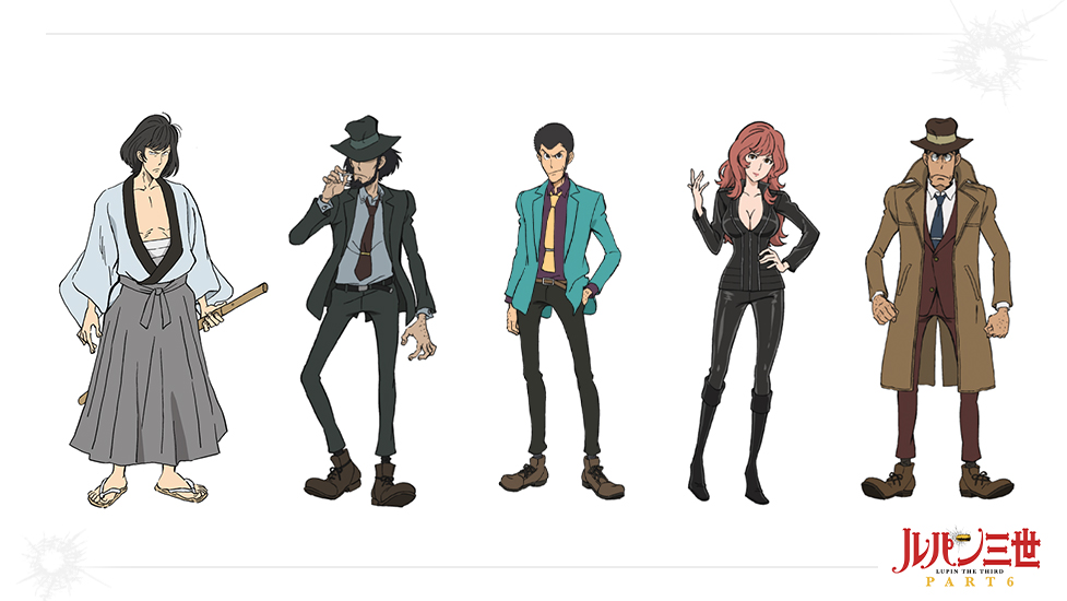 1girl, 4boys, arm_hair, arsene_lupin_iii, belt, black_bodysuit, black_eyes, black_hair, black_headwear, black_jacket, black_pants, blue_neckwear, bodysuit, boots, bread, brown_footwear, brown_headwear, brown_jacket, brown_neckwear, brown_pants, brown_vest, character_sheet, cigarette, food, green_jacket, hakama, hakama_skirt, hand_on_hip, hand_up, holding, holding_cigarette, holding_sword, holding_weapon, ishikawa_goemon_xiii, jacket, japanese_clothes, jigen_daisuke, katana, latex, latex_bodysuit, lipstick, long_hair, looking_at_viewer, lupin_iii, lupin_iii_part_6, makeup, mine_fujiko, multiple_boys, necktie, pants, promotional_art, purple_shirt, redhead, sarashi, sheath, shirt, short_hair, simple_background, skirt, sword, vest, weapon, white_background, yellow_neckwear, zenigata_kouichi