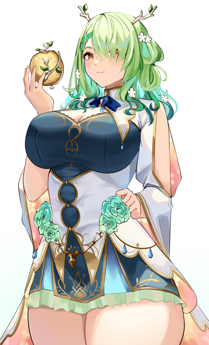 absurdres, antlers, apple, breasts, ceres_fauna, cleavage_cutout, clothing_cutout, cromwellb, dress, fake_antlers, flower, food, fruit, golden_apple, green_dress, green_flower, green_hair, hair_flower, hair_ornament, hair_over_one_eye, highres, hololive, hololive_english, large_breasts, sticks, thighs, virtual_youtuber, white_background, white_flower, yellow_eyes