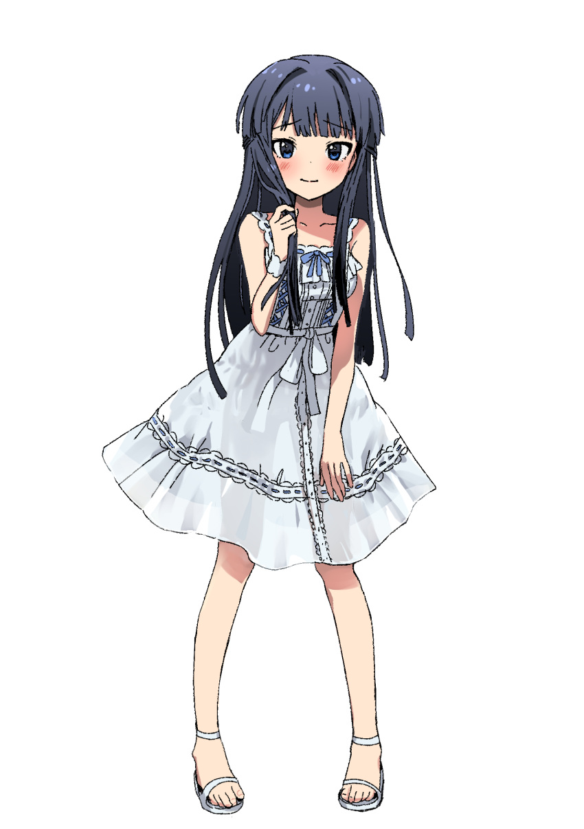 1girl, ankleband, bangs, bare_legs, blunt_bangs, blunt_ends, blush, breasts, collarbone, dress, highres, holding, holding_hair, idolmaster, idolmaster_million_live!, itohari_(mamiiori1), light_smile, long_hair, looking_at_viewer, medium_breasts, mogami_shizuka, sandals, see-through, see-through_silhouette, simple_background, sleeveless, sleeveless_dress, solo, toes, white_background, white_dress