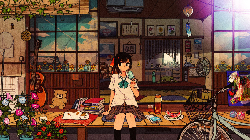 1girl, :x, acoustic_guitar, aqua_bow, aqua_neckwear, arm_at_side, arm_support, awakumo, beads, bicycle, black_hair, black_legwear, blinds, blue_flower, book, book_stack, bottle, bow, bowtie, bug, building, butterfly_net, cabinet, calendar_(object), calico, cat, chair, cicada, closed_mouth, clouds, coffee_table, collarbone, collared_shirt, commentary_request, creature, cup, cushion, drawer, drink, drinking_glass, electric_fan, evening, film_grain, flower, flower_pot, food, fruit, grey_skirt, ground_vehicle, guitar, hair_ribbon, hand_net, hand_up, hanging_light, highres, holding, holding_food, instrument, kneehighs, kunreishiki, light_switch, looking_at_viewer, loose_neckwear, morning_glory, original, outdoors, phone, picture_(object), pink_flower, plaid, plaid_skirt, plant, plate, pleated_skirt, popsicle, potted_plant, power_lines, purple_flower, ramune, red_flower, red_ribbon, reflection, ribbon, romaji_text, school_uniform, shirt, short_hair, short_sleeves, sitting, skirt, sky, sliding_doors, solo, stuffed_animal, stuffed_toy, summer, tassel, tatami, teddy_bear, trellis, utility_pole, veranda, vines, watermelon, watermelon_seeds, white_shirt, wing_collar, yellow_flower, zabuton