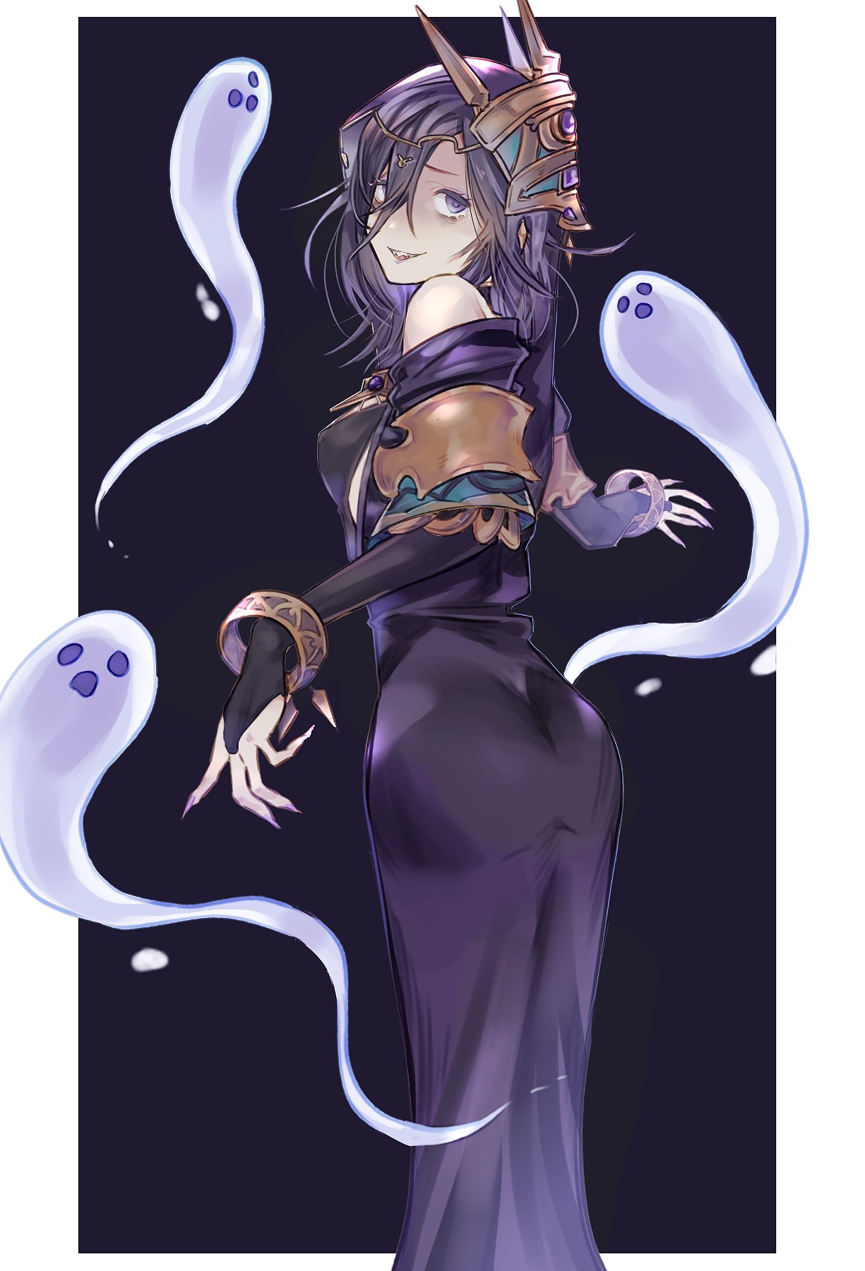 1girl, ass, bags_under_eyes, bangs, bare_shoulders, black_background, black_dress, black_hair