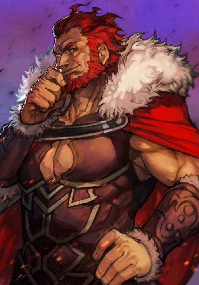 1boy, armor, beard, brown_armor, cape, closed_mouth, clothing_cutout, dark-skinned_male