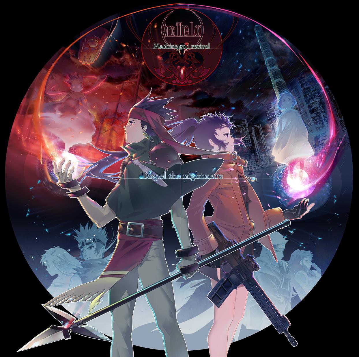 alec_(arc_the_lad), anrietta_rochefort, arc_the_lad, arc_the_lad_ii, arc_the_lad_iii, bandana, black_hair, elc_(arc_the_lad), finia, gloves, gun, highres, jewelry, lieza, long_hair, multiple_boys, multiple_girls, necklace, ponytail, purple_hair, save_scene_a, shu_(arc_the_lad), spiky_hair, weapon