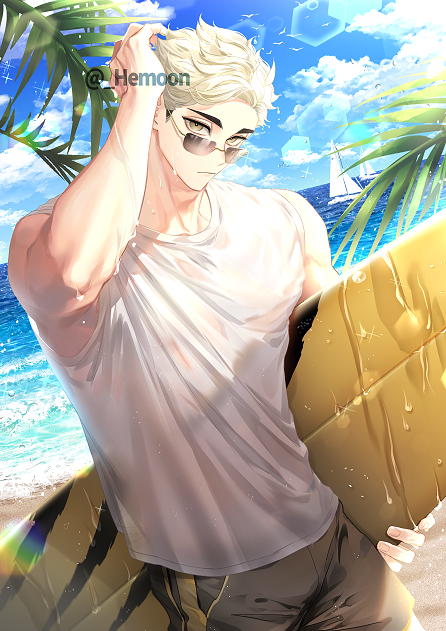 1boy, arm_up, bangs, beach, bird, blonde_hair, blue_sky, boat