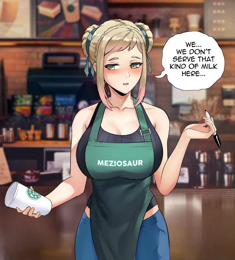1girl, alternate_costume, apron, bare_shoulders, barista, black_shirt, blonde_hair, blue_pants
