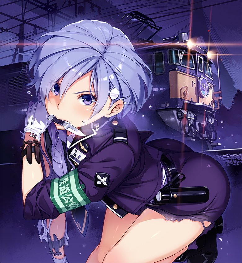 1girl, arm_holster, armband, bangs, belt, black_belt, black_neckwear, blue_eyes, blue_hair, blue_jacket, blue_skirt, character_request, commentary_request, dress_shirt, gloves, ground_vehicle, jacket, knife, leaning_forward, looking_at_viewer, miniskirt, mouth_hold, necktie, night, night_sky, outdoors, pencil_skirt, power_lines, rail_wars!, shirt, short_hair, skirt, sky, solo, sweatdrop, throwing_knife, torn_clothes, torn_skirt, train, uniform, vania600, weapon, white_gloves, white_shirt