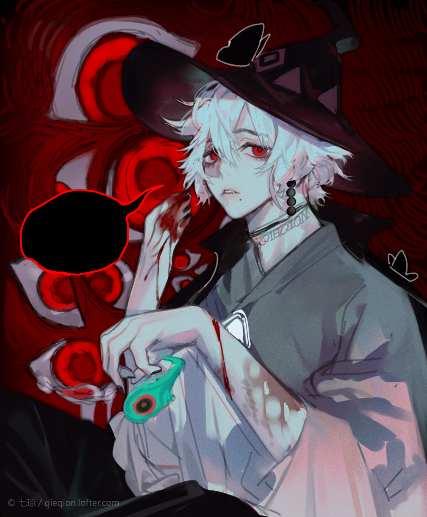 1boy, black_nails, blood, earrings, ghost, grey_hair, hat, highres, jewelry, mischief_witch, qieqion, red_eyes, short_hair, sky:_children_of_the_light, solo, white_hair, witch_hat