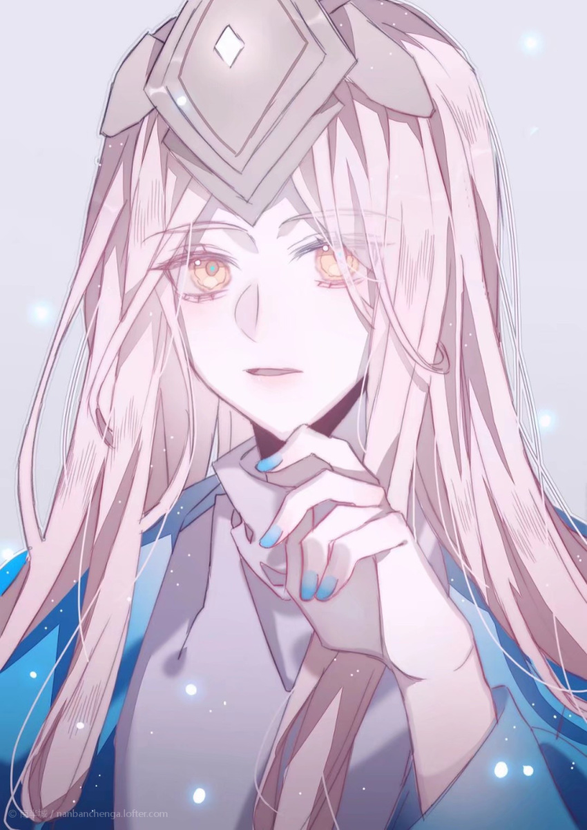 1girl, blue_nails, eyebrows_visible_through_hair, eyes_visible_through_hair, glint, grey_hair, highres, light_particles, long_hair, looking_at_viewer, mask, mask_on_head, nanbanchenga, open_mouth, sky:_children_of_the_light, solo, sparkle, teth, tied_hair, white_hair, yellow_eyes