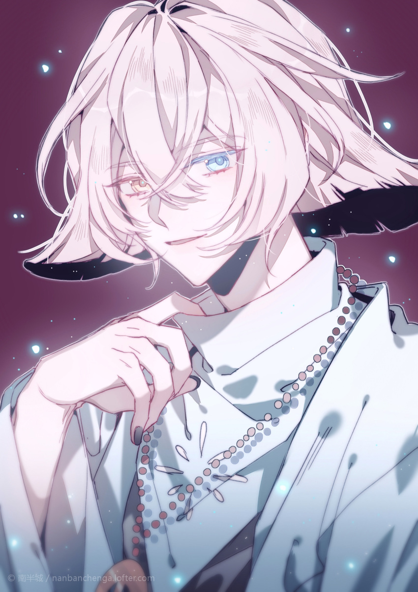 1boy, blue_eyes, daleth, glint, highres, jewelry, light_particles, necklace