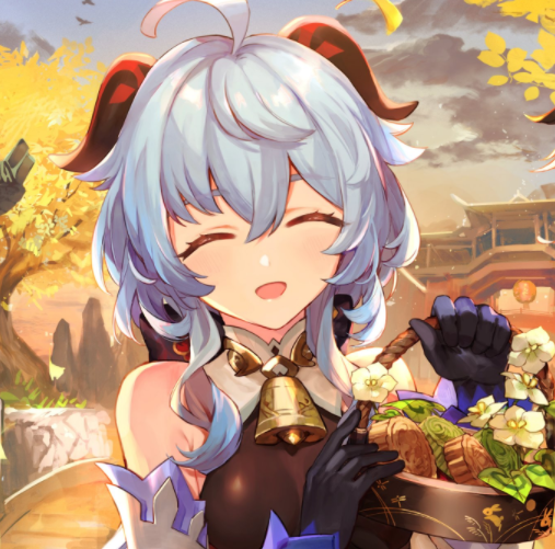 1girl, :d, ^_^, ^o^, ahoge, bangs, bell, black_bodysuit, black_gloves, blue_hair, blurry, bodysuit, closed_eyes, commentary, depth_of_field, detached_collar, detached_sleeves, english_commentary, eyebrows_visible_through_hair, flower, food, ganyu_(genshin_impact), genshin_impact, gloves, hair_between_eyes, holding, horns, long_hair, long_sleeves, looking_at_viewer, neck_bell, open_mouth, picnic_basket, sidelocks, smile, solo, tana_(tanabio), wide_sleeves