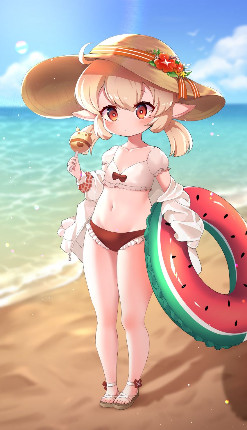 1girl, absurdres, ahoge, alternate_costume, bangs, beach, blue_sky, blurry