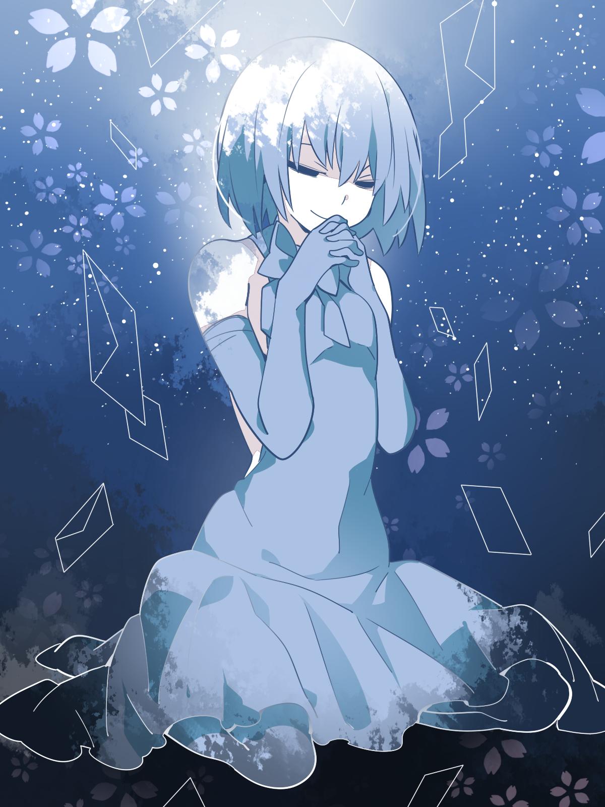 bangs, bare_shoulders, black_eyes, black_legwear, blue_background, bow, disappear, dress