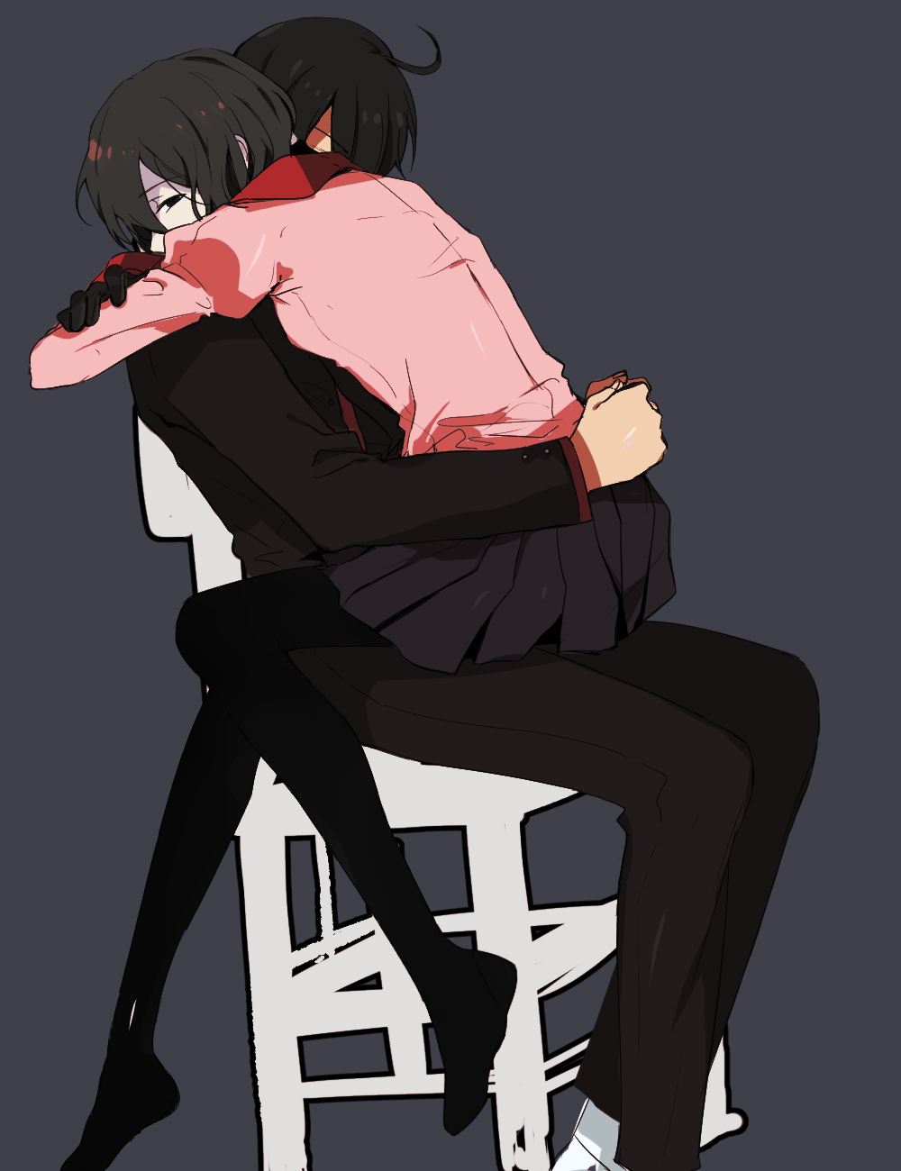 1boy, 1girl, ahoge, araragi_koyomi, arms_around_neck, arms_around_waist, black_eyes, black_hair