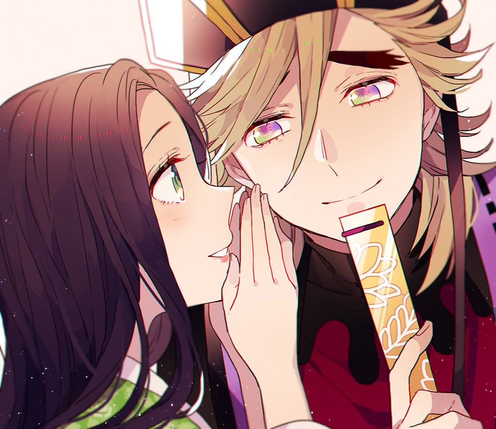 1boy, 1girl, bangs, black_hair, black_headwear, blonde_hair, douma_(kimetsu_no_yaiba), green_eyes