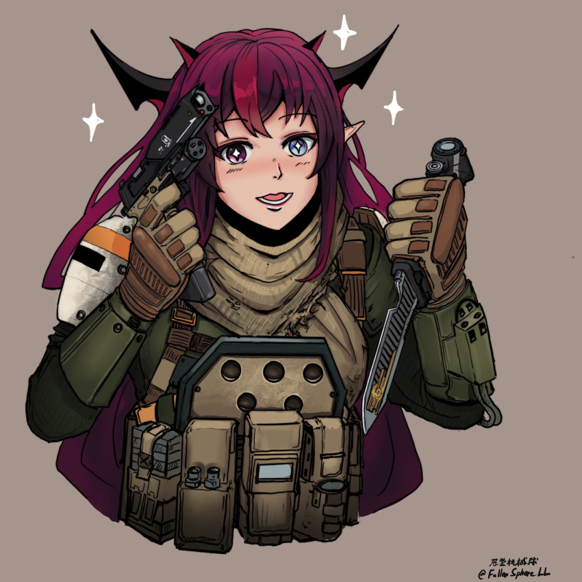 1girl, alternate_costume, combat_knife, dual_wielding, gun, guns_akimbo_(movie), handgun, highres, holding, hololive, hololive_english, irys_(hololive), knife, magazine_(weapon), military, military_uniform, open_mouth, paulyuprimary, pistol, redhead, solo, tagme, titanfall, titanfall_(series), titanfall_2, uniform, weapon