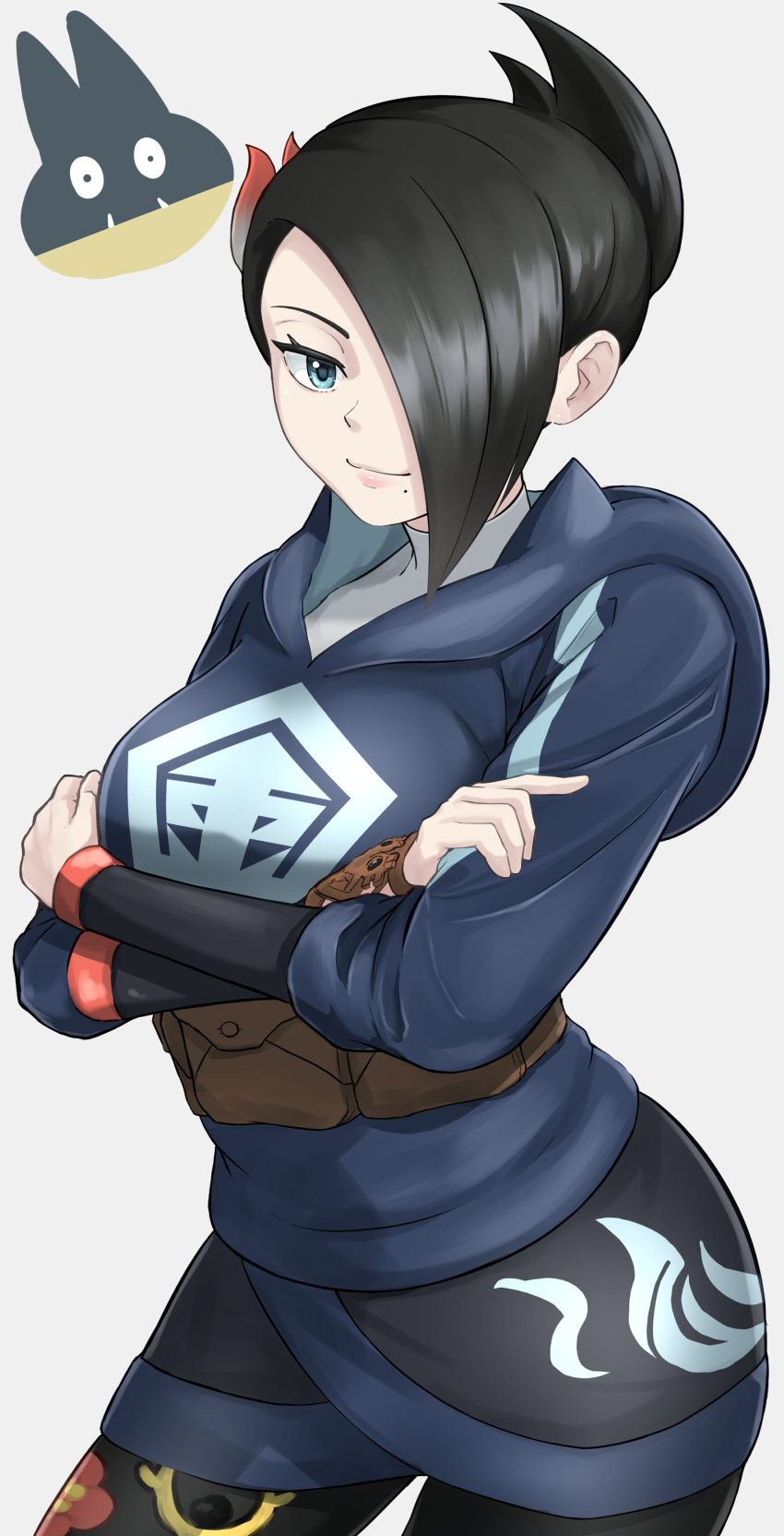 1girl, absurdres, bangs, black_hair, blue_eyes, breasts, closed_mouth, commentary_request
