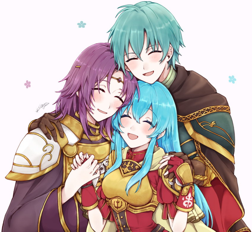 1girl, 2boys, :d, ^_^, aqua_hair, armor, blue_hair, blush