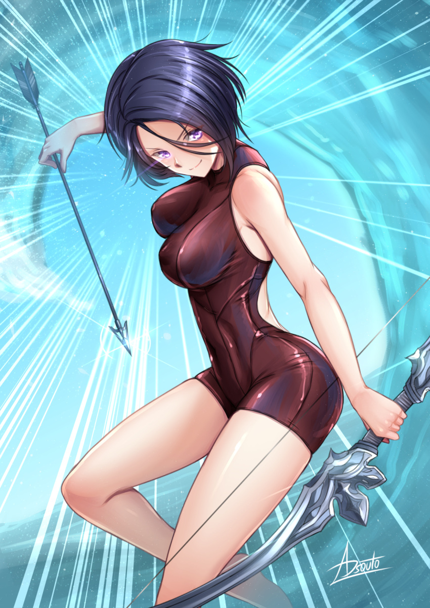 1girl, adsouto, arrow_(projectile), bare_legs, blue_hair, blush, bow_(weapon), breasts