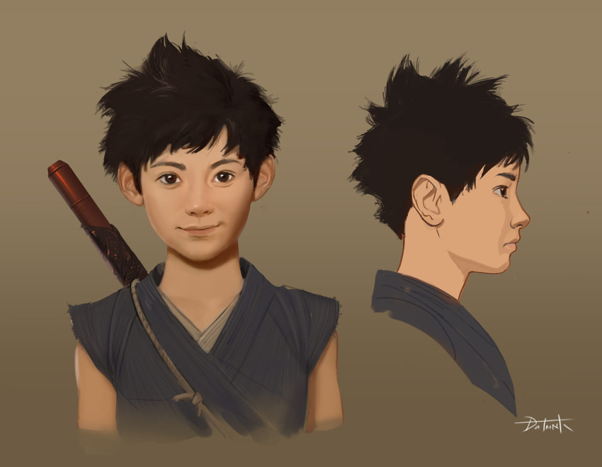 1boy, black_hair, brown_background, brown_eyes, dragon_ball, dragon_ball_(classic), japanese_clothes, male_focus
