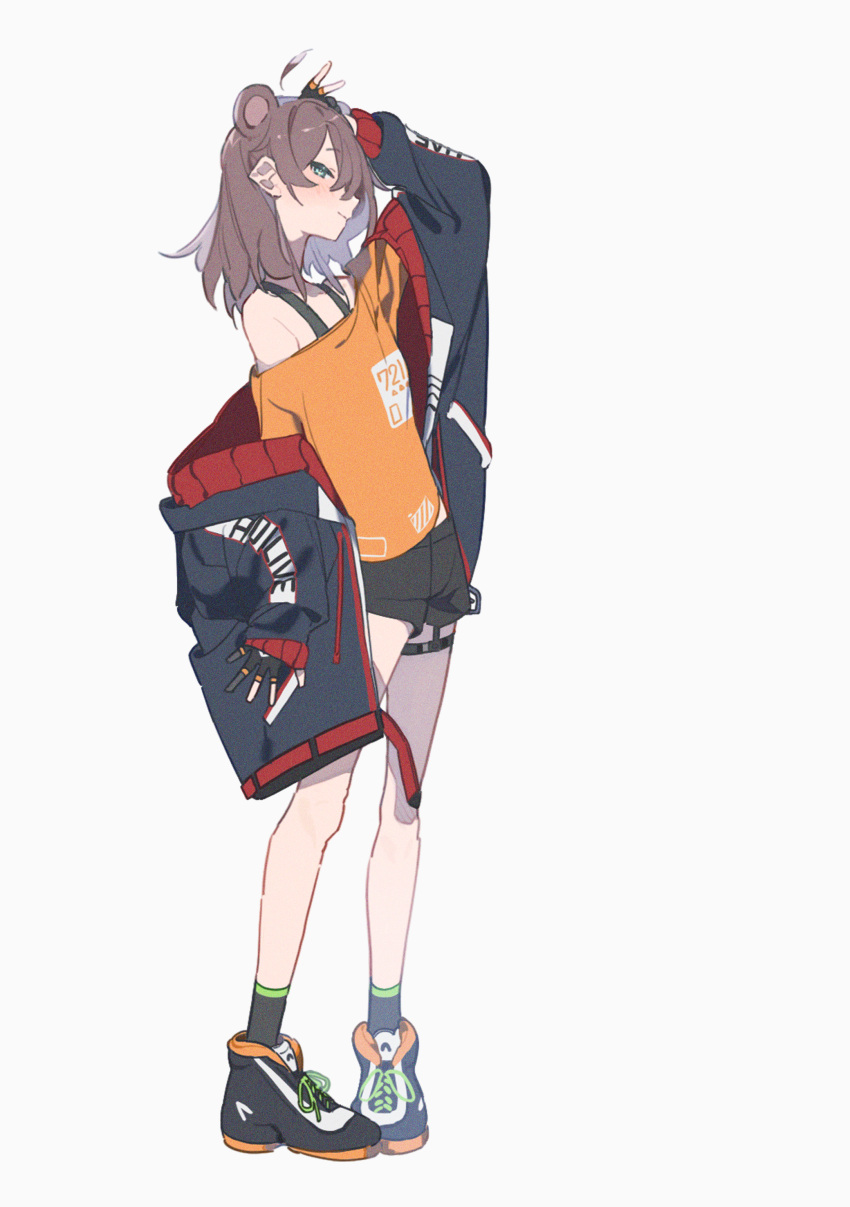 1girl, absurdres, ahoge, animal_ears, black_bra, black_footwear, black_gloves, black_jacket