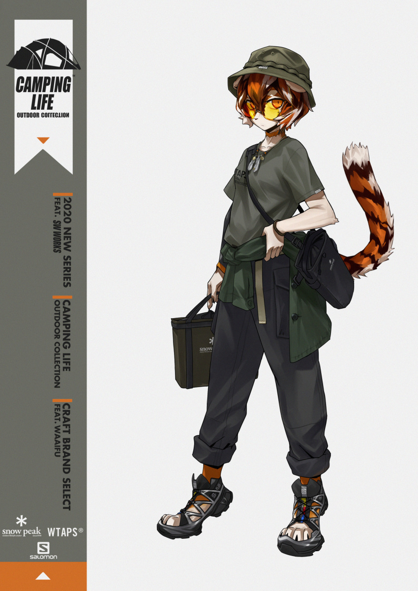 1girl, absurdres, alternate_costume, animal_ears, arknights, bag, black_bag, black_footwear, black_pants, body_fur, brown_fur, brown_hair, choker, clothes_around_waist, commentary, dog_tags, english_commentary, english_text, furry, furry_female, green_headwear, green_shirt, green_sweater, hat, highres, holding, holding_bag, multicolored_fur, multicolored_hair, negasw, orange_choker, orange_eyes, orange_fur, orange_hair, pants, sandals, shirt, simple_background, solo, sunglasses, sweater, sweater_around_waist, tail, tail_raised, tiger_ears, tiger_girl, tiger_tail, tinted_eyewear, waai_fu_(arknights), white_background, white_fur, white_hair