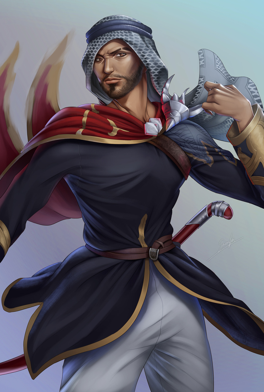 1boy, arabian_clothes, beard, belt, black_hair, cape, commentary, english_commentary