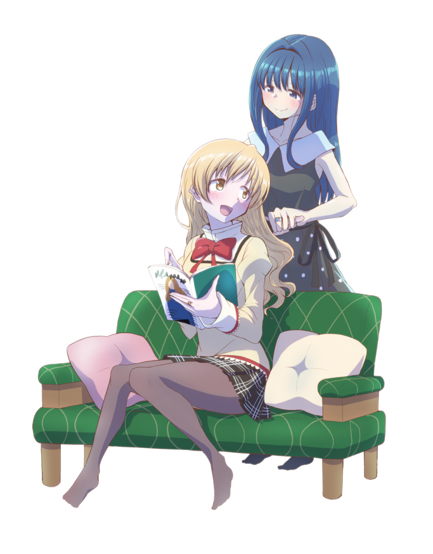 2girls, bangs, bare_arms, black_dress, black_legwear, black_skirt, blonde_hair, blue_eyes