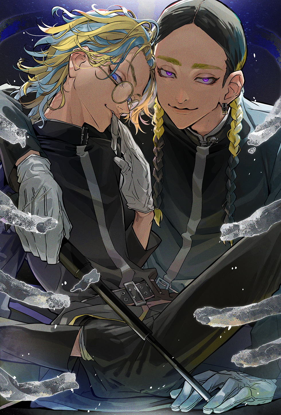 2boys, baton, belt, black_belt, black_hair, black_jacket, black_pants, blonde_hair