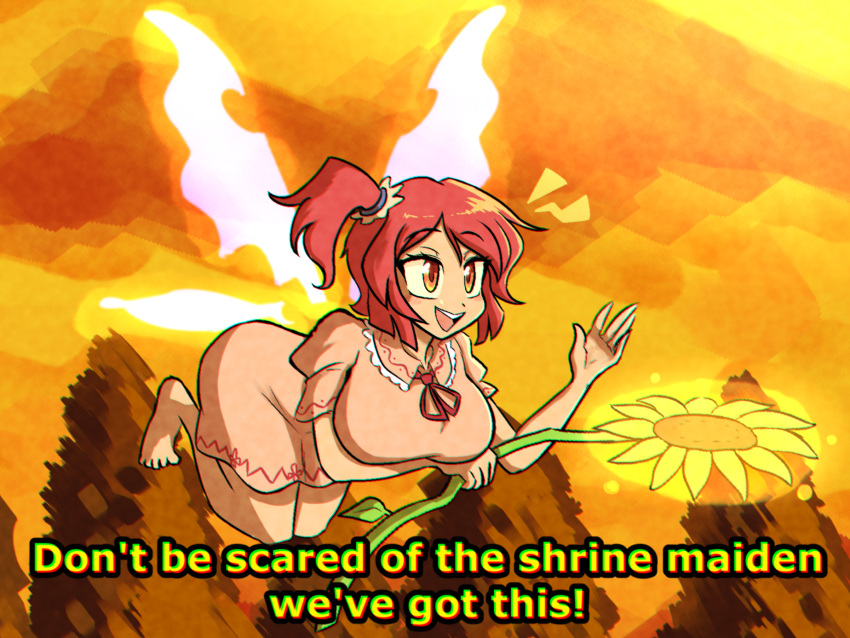 1girl, :d, bangs, breasts, dress, english_text, eyebrows_visible_through_hair, fairy