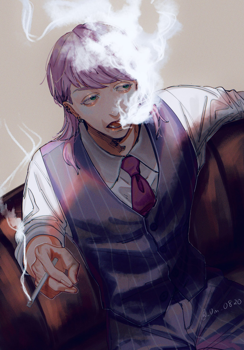 1boy, bangs, black_pants, black_vest, blue_eyes, cigarette, collared_shirt, couch